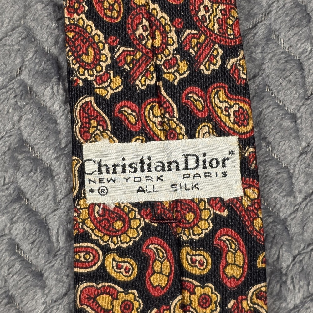 Vintage Christian Dior Skinny Tie Black Red Gold Paisley All Silk Necktie 52x2